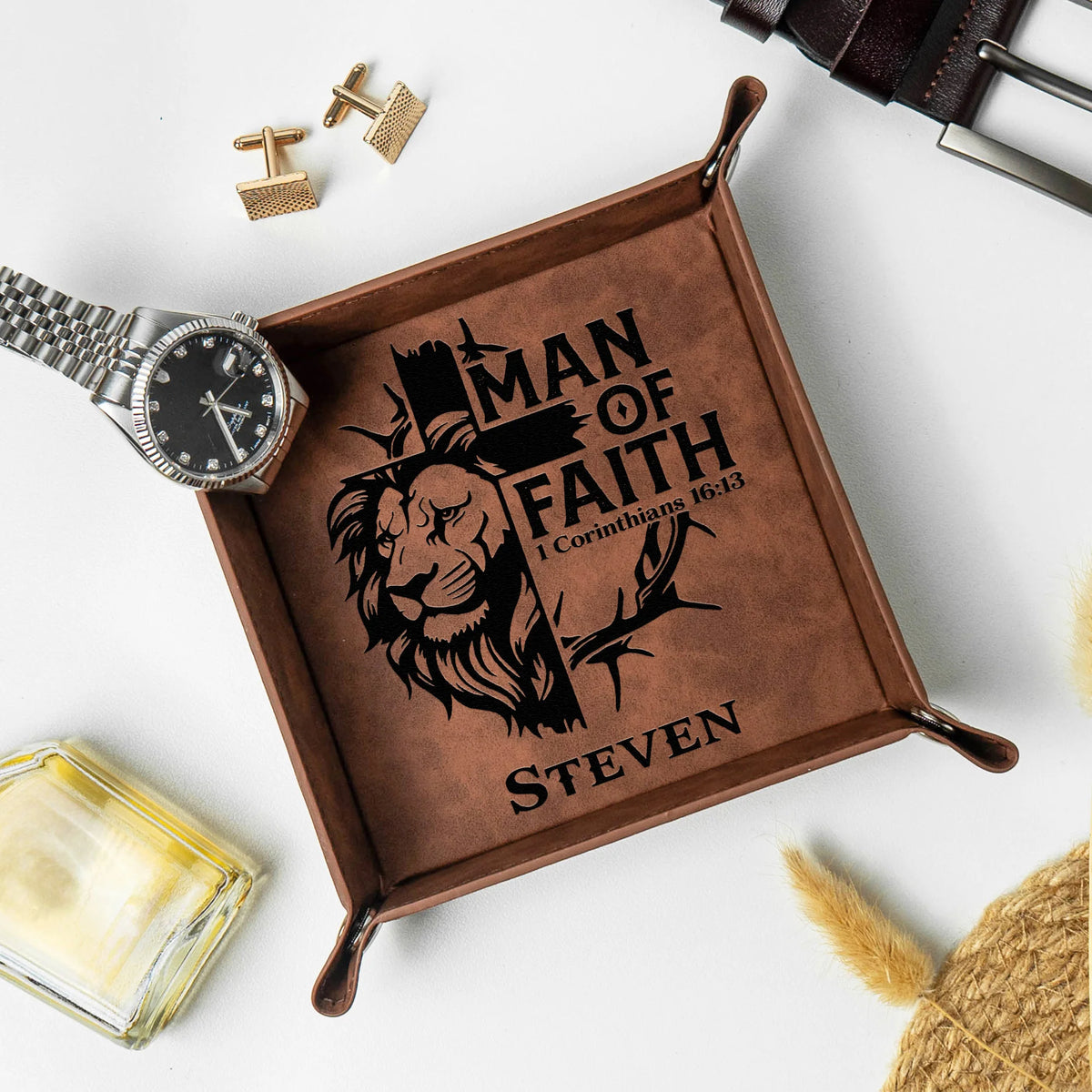 Man Of God - Man Of Faith Religious Christian Gift For Him - Personalized Leather Valet Tray
